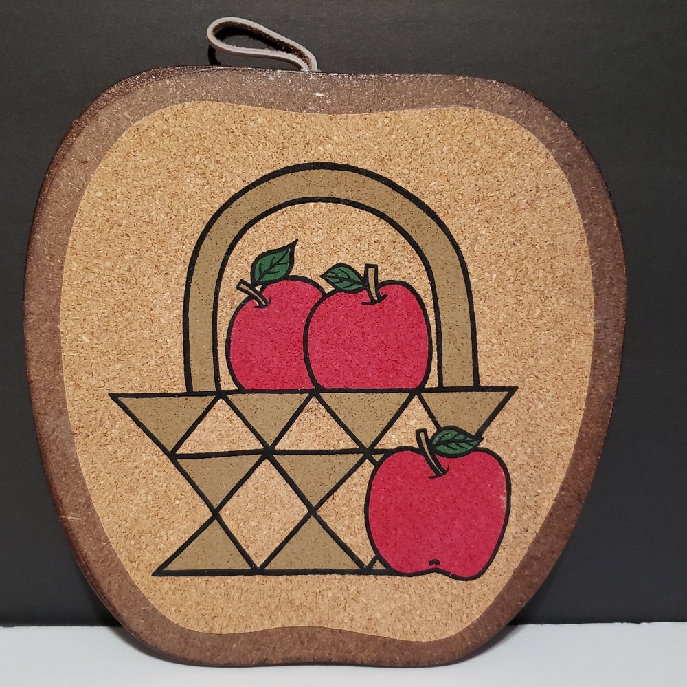 Vintage Apple Trivet Hanging Wood and Cork Hot Plate Wall Decor